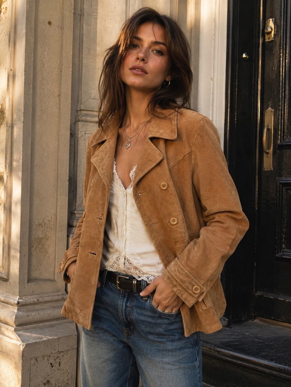 Vintage Y2K Chilly Lilly Tan Camel Suede Leather Jacket Size Large